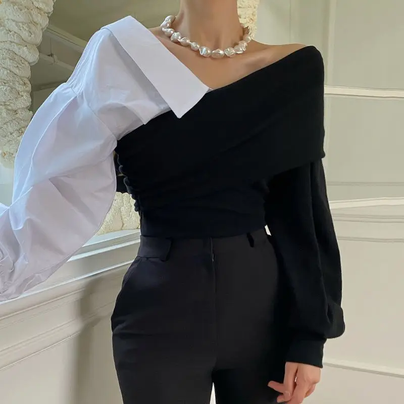 V-neck Off Shoulder Contrast Patchwork Bubble Sleeve Top Blouses Blusa Feminina Camisa Black Blouse Chemise Femme Y2k Shirts