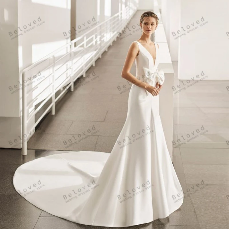 

Simple Wedding Dresses Graceful Bridal Gowns Bow Decorate Deep V-Neck Sleeveless Backless Robes For Bride 2024 Vestidos De Novia