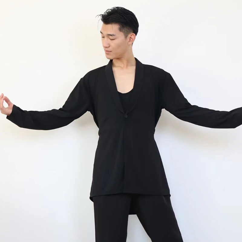 2024 New Latin Dance Tops For Men Black Long Sleeved Cardigan Shirts Chacha Rumba Tango Dress Adult Latin Dance Costume DQS15632