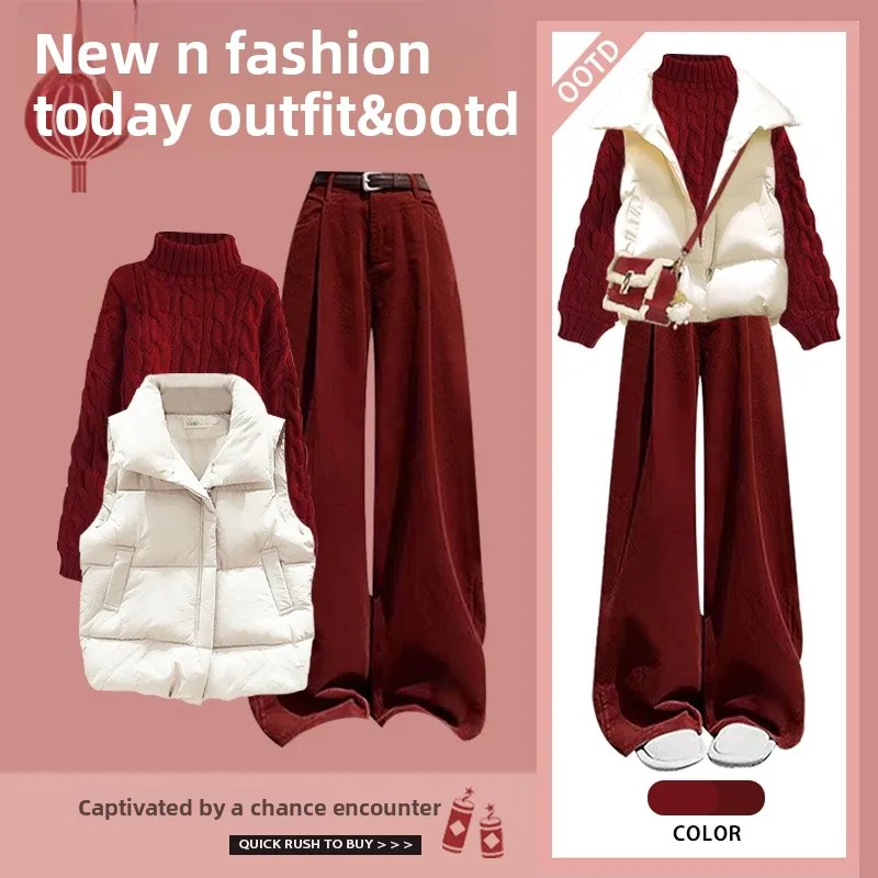 Rode trui warmte vest afslanken casual broek tee stuk set herfst winter nieuwe Sle College Faion thermische comfortabele outfit