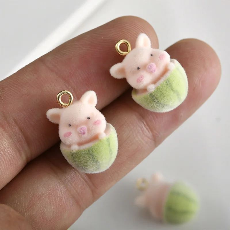 30Pcs 3D Cute Flocked Watermelon Pig Charm Cartoon Animal Resin Pendant Earring Keychain Accessories for DIY Crafts Jewelry Make