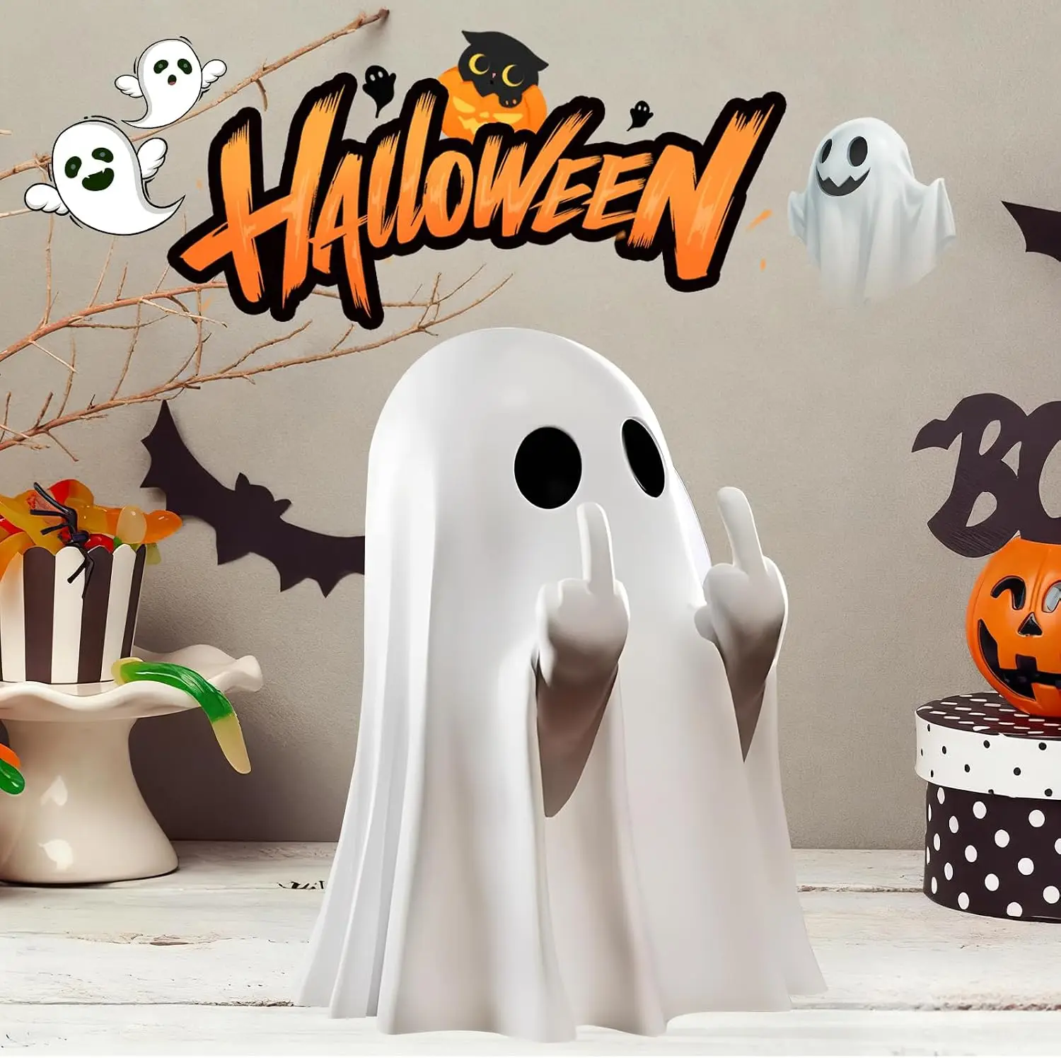 1-10Pcs Funny Ghost Statue Small Scary Ghost Figurines Cute Middle Finger Ghost Statue Halloween Home Decor New Year's Gifts