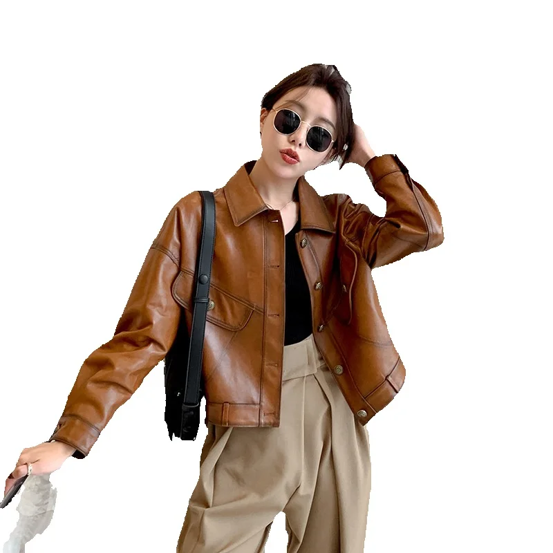 Genuine Leather Jacket New Season Short Women's Genuine Leather Sheep Leather Square Collar Trendy Jacket