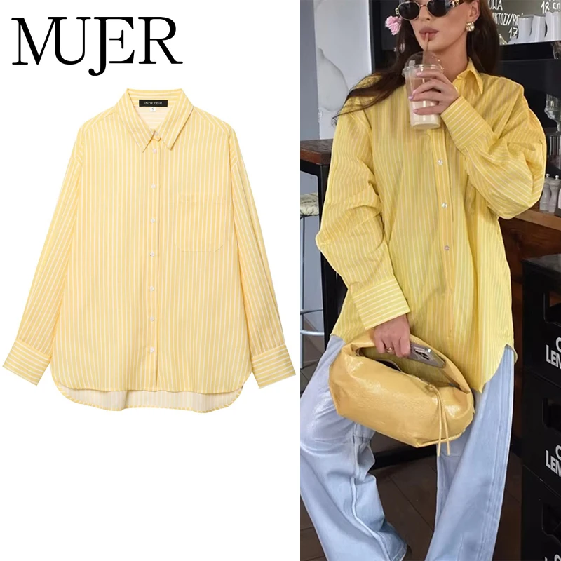 

MUJER Striped Oversized Shirt Woman Yellow Casual Long Shirts for Women Button up Shirts and Blouses Women Summer Woman Blouses