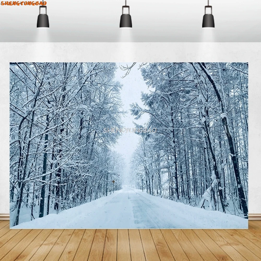 겨울 숲 눈 덮인 도로 사진 배경 흐릿한 풍경 눈송이 도로 가문비 나무 사진 배경 XD-05