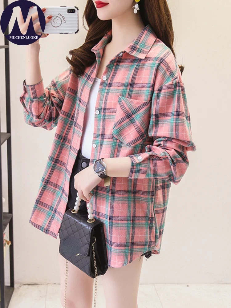 Women's Korean Fashion Long Sleeve Plaid Shirt Spring Autumn Retro Style Casual Loose Versatile Clothing