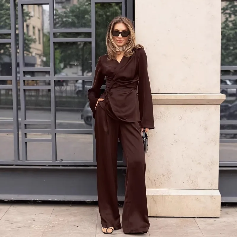 

Spring Cross-border New European and American Suit Women's Retro Brown Long-sleeved Waist Lace-up Top and Trousers Two-piece Set