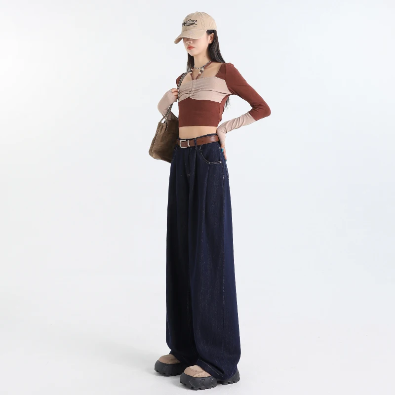 American Style High Waist Wide Leg Jeans Women Loose Fitting Pleated Design High End Straight Cut Floor Length Pants