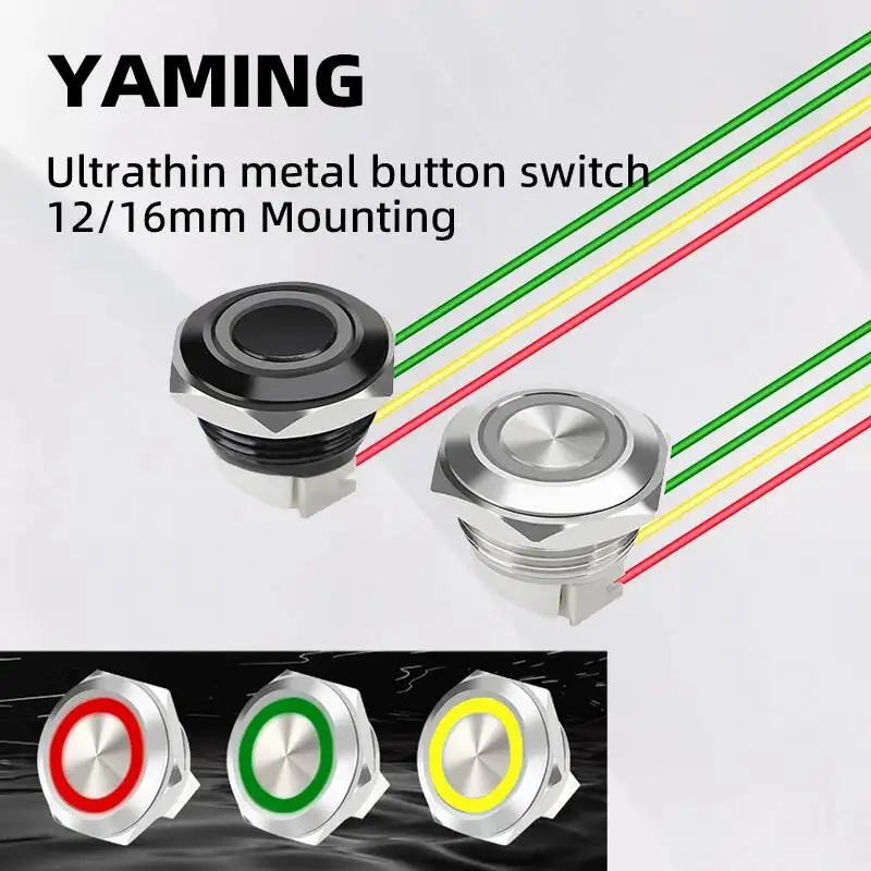 

12/16/19/22/25/30mm Ultra Short LED Light 3-6V 12-24V Momentary Reset Waterproof Metal Push Button Switch With Wire