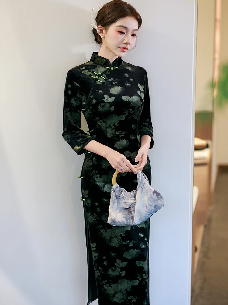 

Ele Long Sve Velvet Qipao Dr een Color for Mom High Quali Daily Wear New Sle Winter New Design Chinese Sle