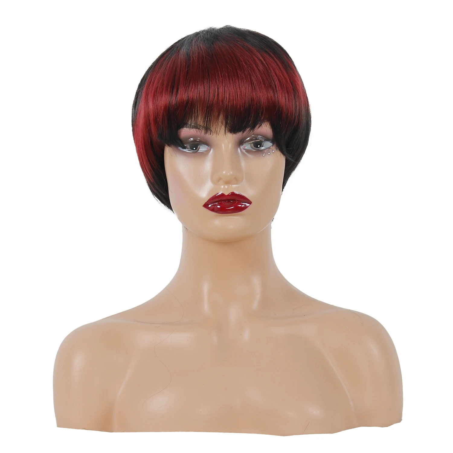 

Модный женский короткий синтетический парик красного градиентного черного цвета, без кружевной отделки.