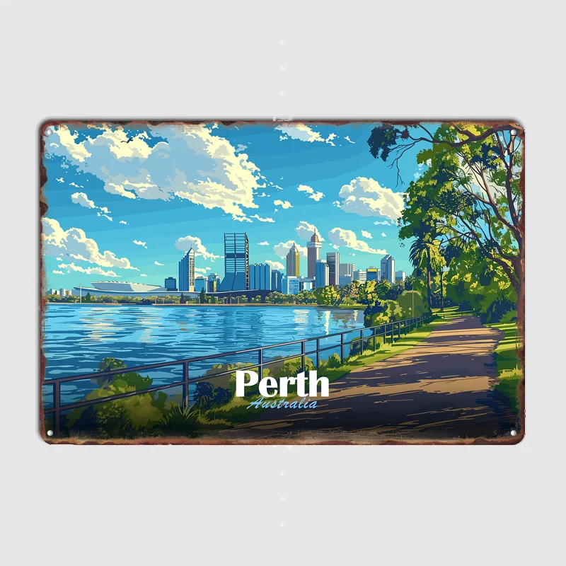 Perth Skyline & River Scenery Travel Poster Metal Tin Sign Indoor Outdoor Home Decor Bar Custom Posters Wall Room Decorations