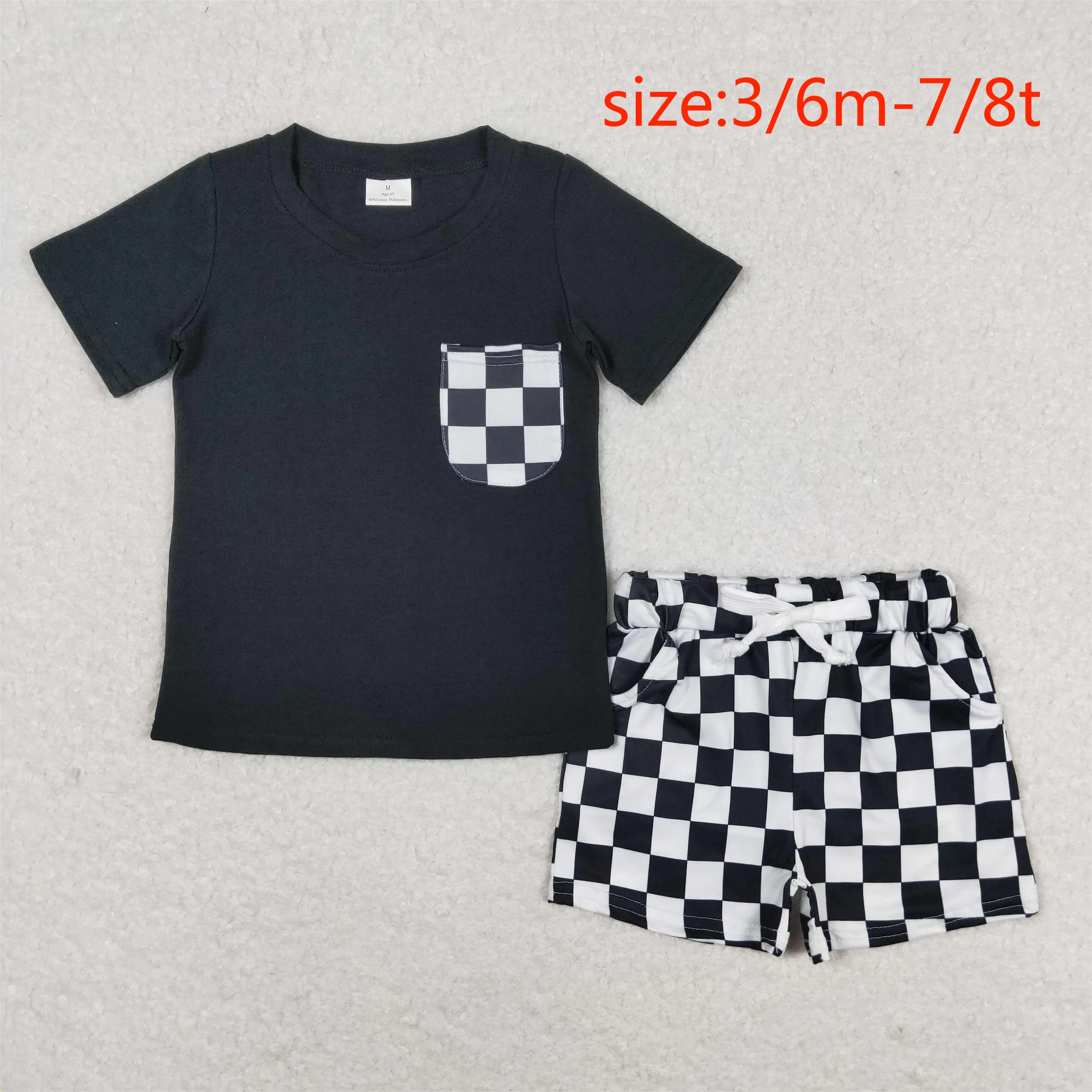 

z920-13 BT0660+SS0273 Wholesale toddler boys sets Black plaid pocket short sleeve shorts sets Summer boutique baby boys clothes