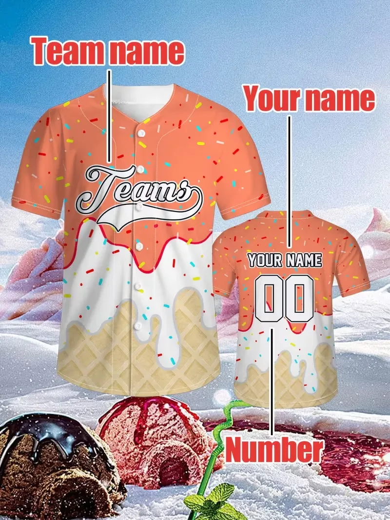 Custom Name Number Ice Cream Sprinkles Baseball Jersey For Men Women short sleeve Button Down Personalized Team shirt Uniform