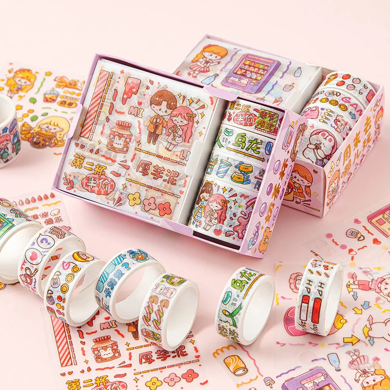 8 PCS Box Cute Korean Sticker Aesthetic Cartoon Masking Tape Set DIY Album Planner Journal Scrapbooking Decoration Kids Gift