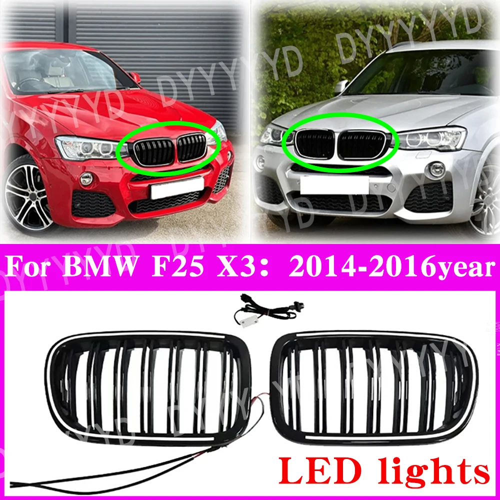 

for BMW BMW X3 F25 X4 F26 2014-2017 M Sport Dual Line Style Front Bumper LED Grill Light Racing Grills Lamp Grilles Gloss Black