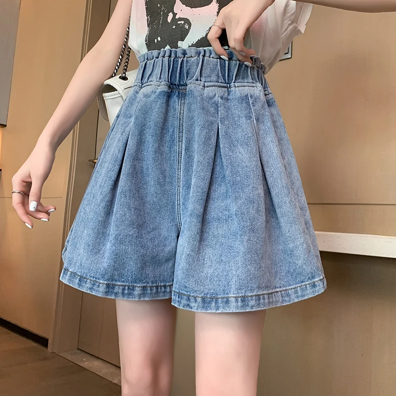 Summer Korean Style Sweet Girl Wide Leg A-Line Denim Shorts For Women Chic Casual Loose Elastic Waist Pleated Skirt Denim Pants