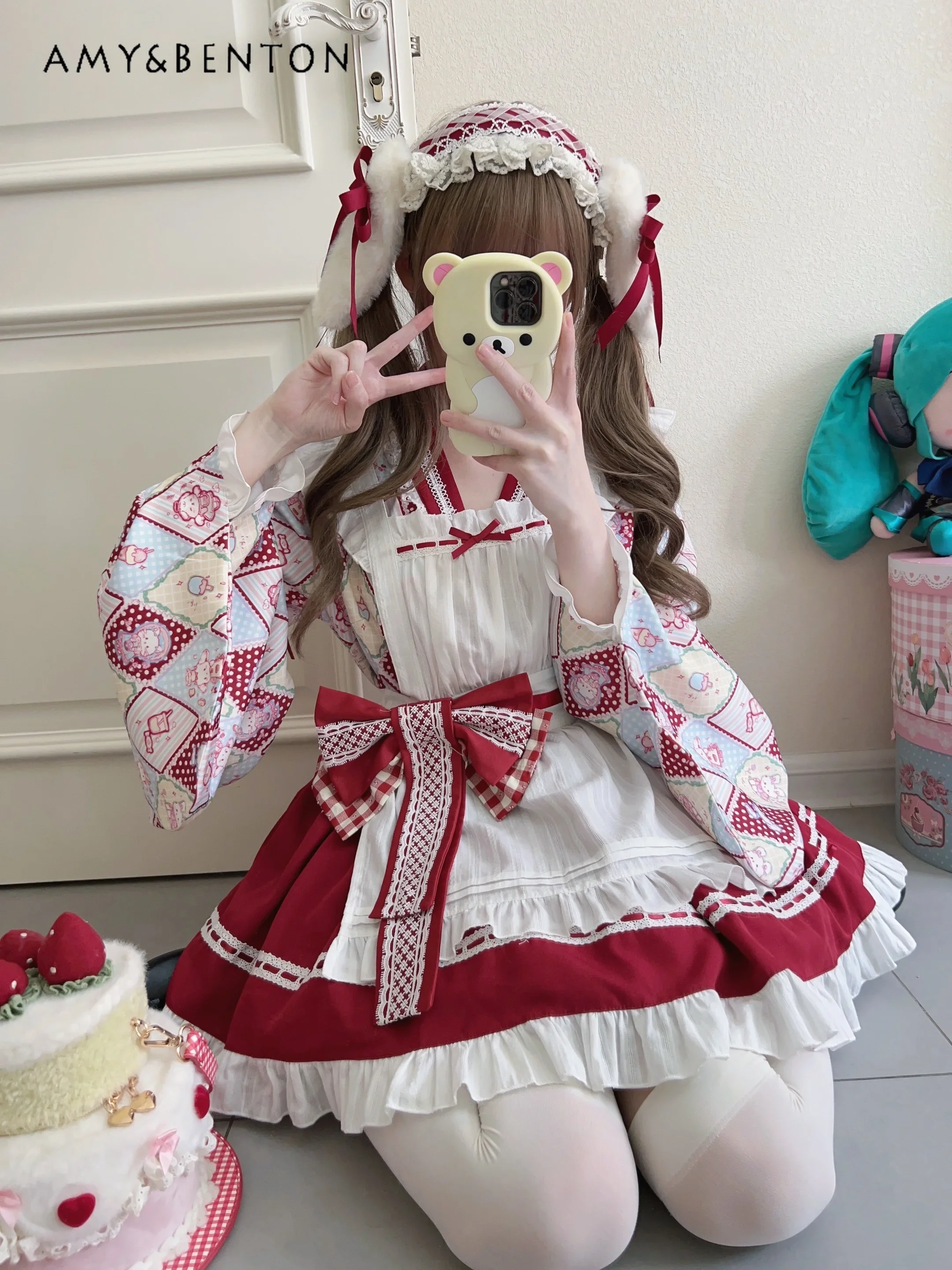 Original Lolita Cute Cosplay Maid Skirt Sets Sweet Printed V-Neck Long Sleeve Top Mini Skirt Apron Kawaii Three-piece Set Women