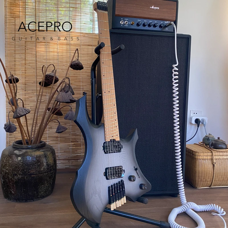 In Stock Acepro Gray Burst CAcepro New Headless Electric Guitar Jumbo Stainless Steel Oblique Frets, Reinforcement in the Neck