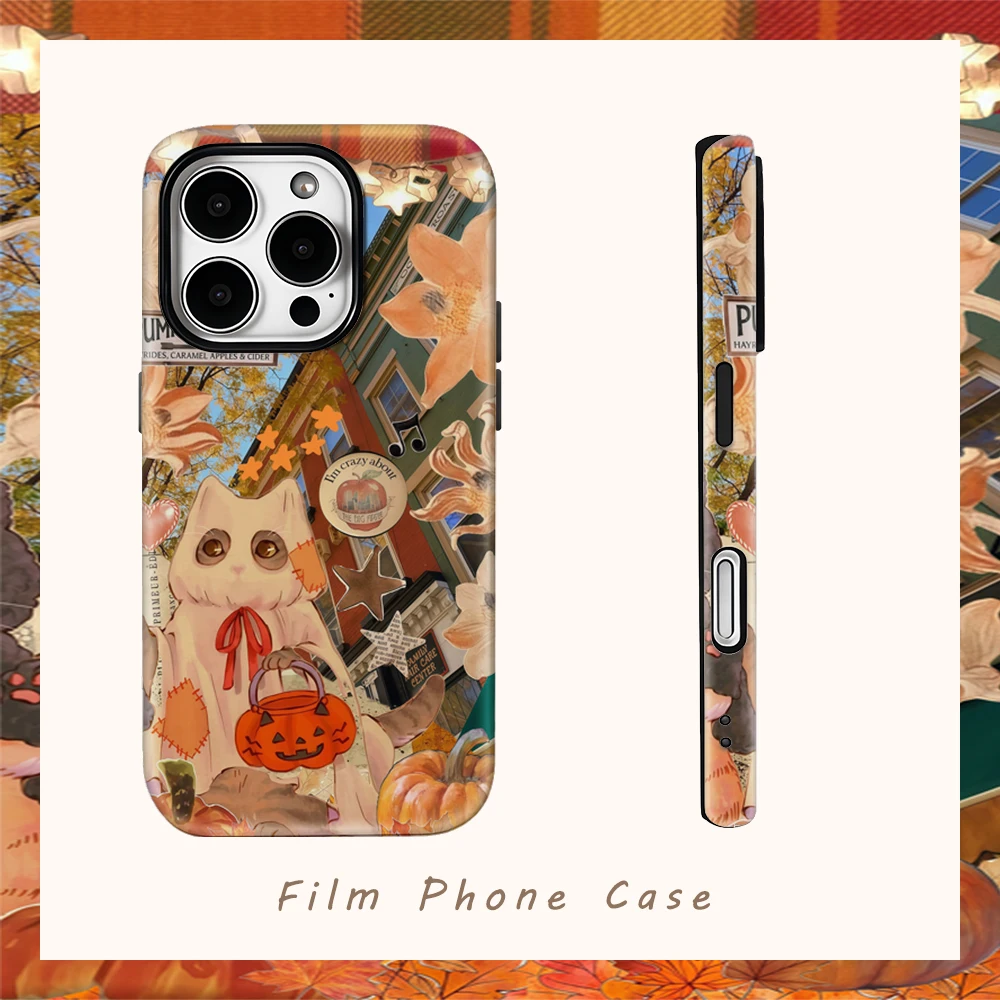 Halloween süße Katze Geister Handyhülle für IPhone 16 15 14 13 12 11 X XS XR XSMAX 7 8 Pro Max Plus Doppelschichtige Rückseite