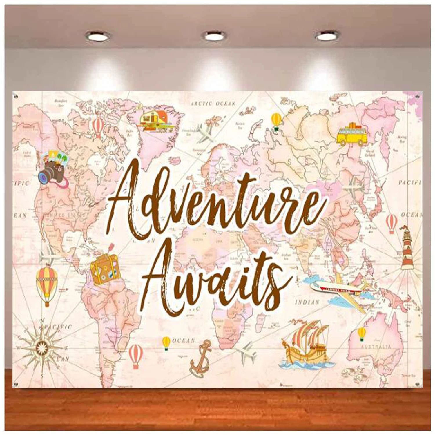 

Travel Themed Decor Supplies Awaits Bon Voyage Pink Backdrop Adventure Map Background Graduation Birthday Party Baby Shower