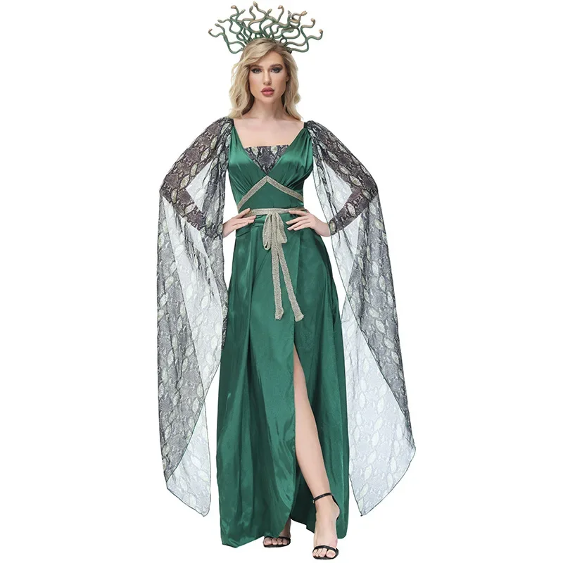 Halloween Myth Medusa Gorgon Cosplay Costume Serpentine Print Slit Dress for Women Witch Green Dress Headwear Cape Tulle