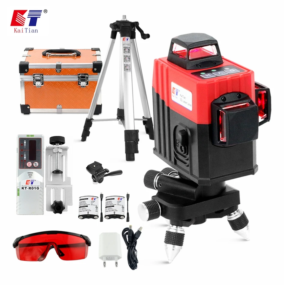 Kaitian 12 Lines 3D Laser Level Tripod AC Adapter Self Leveling With 360 Bracket Slash Function Red 3D Line Laser Level Receiver