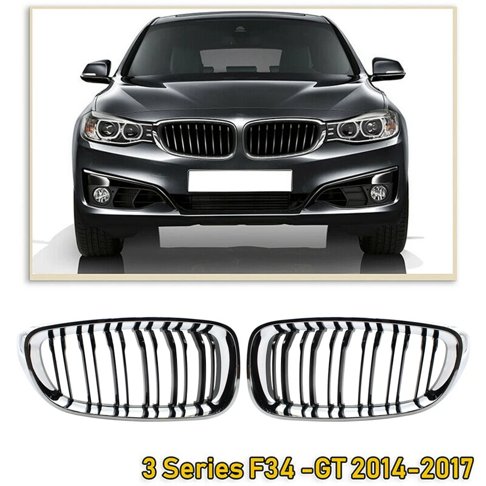 Front Kidney Grill Double Slats Chrome Silver Black Grille for 3 Series Gt F34 2014-2017 320I 328I 335I Xdrive