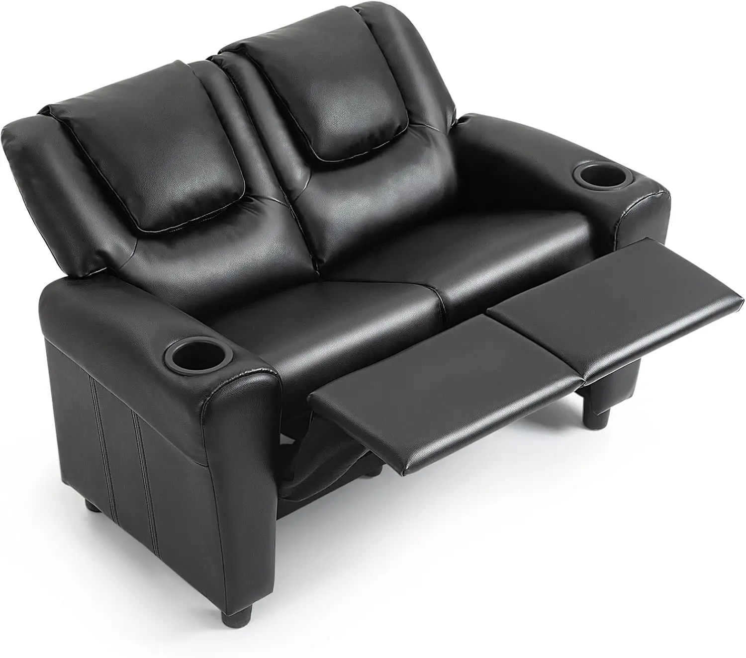 Kursi Recliner Anak, Loveseat Kulit PU dengan Tempat Cangkir, Sandaran Kaki & Sandaran Kepala yang Dapat Disesuaikan, Hitam