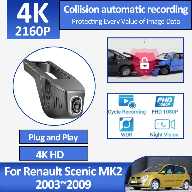 

For Renault Scenic MK2 II 2003~2009 2007 2005 Dashcam Car Dashcam New 4K HD Night Vision Plug And Play Memory CardAccessories