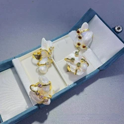 Natural Baroque freshwater pearl set zircon rhinestone ring French niche exquisite fashion open ring women's wedding accessory