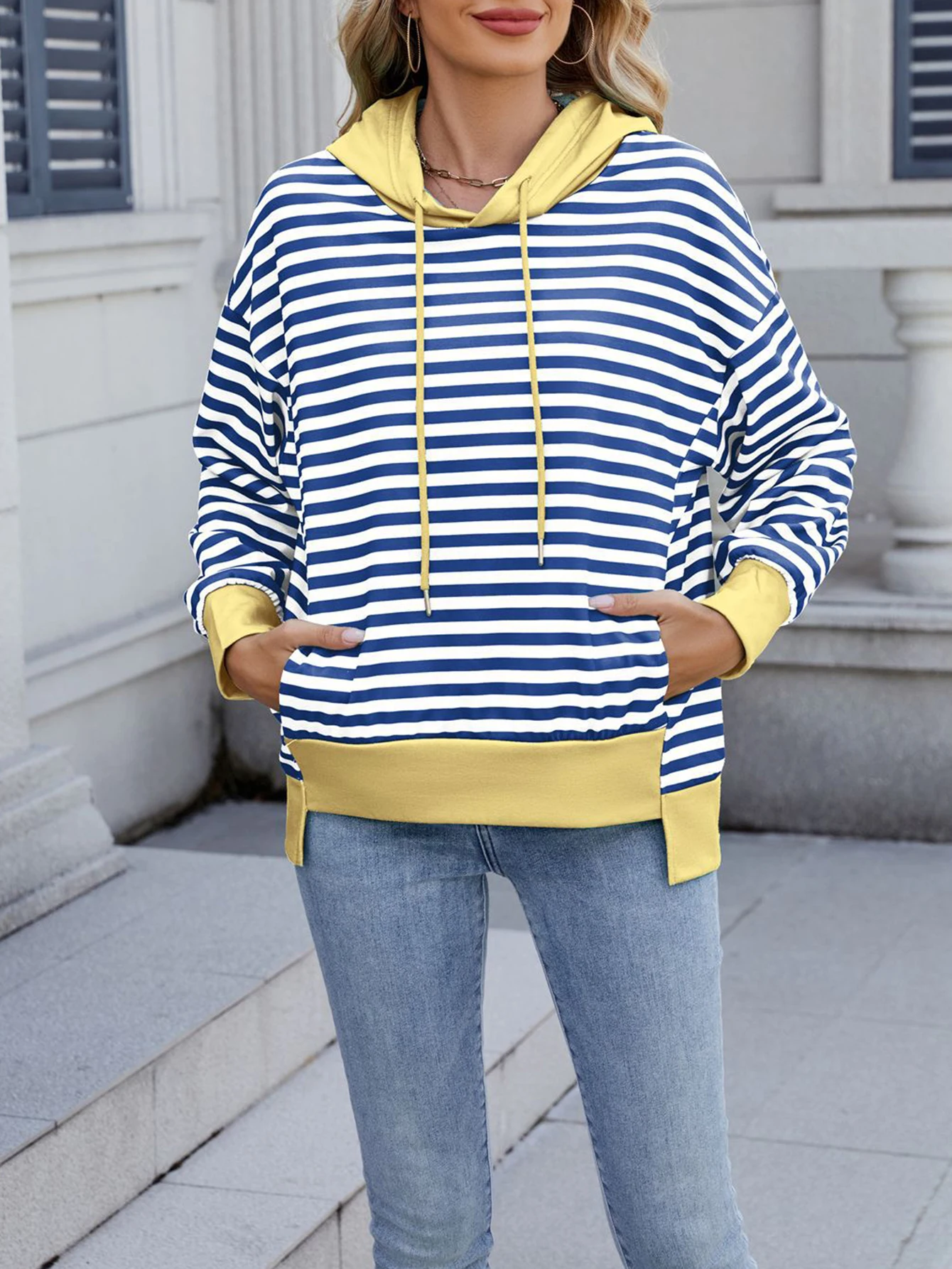 سترة نسائية بغطاء للرأس بأكمام طويلة للخريف والشتاء مخططة برباط وجيب أمامي كاجوال أساسي بقلنسوة #5