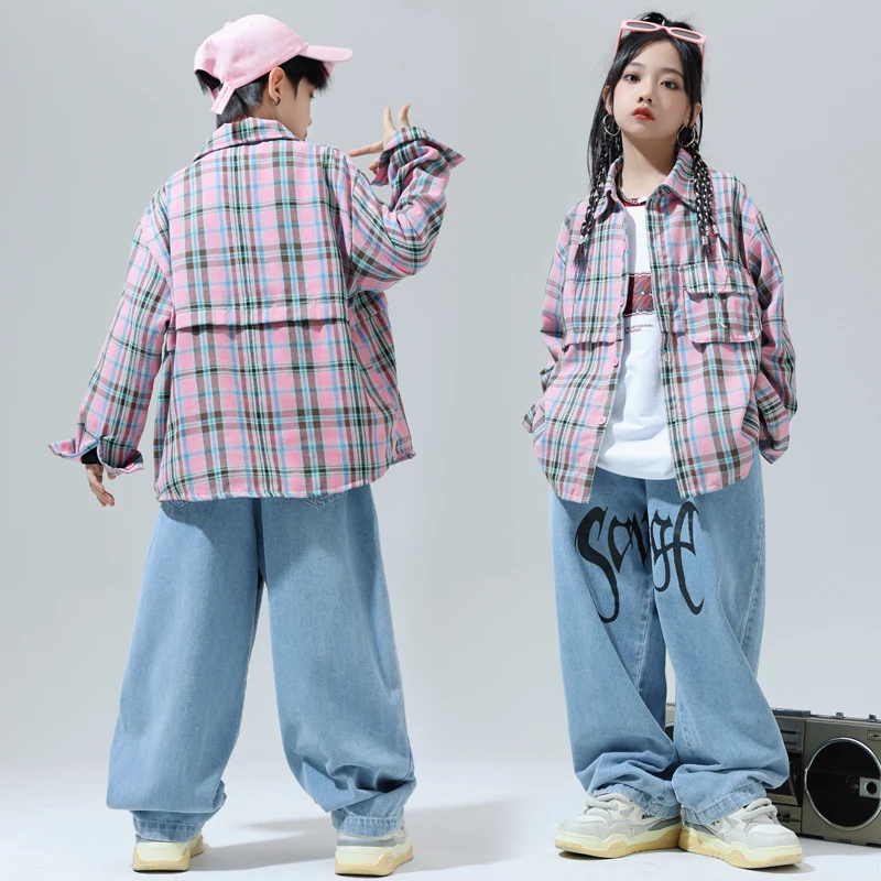 Boys Hip Hop Clothing Pink Plaid Shirt Denim Pants Girls Street Dance Clothes Kids Streetwear Child Jazz Showing Kpop Outfits