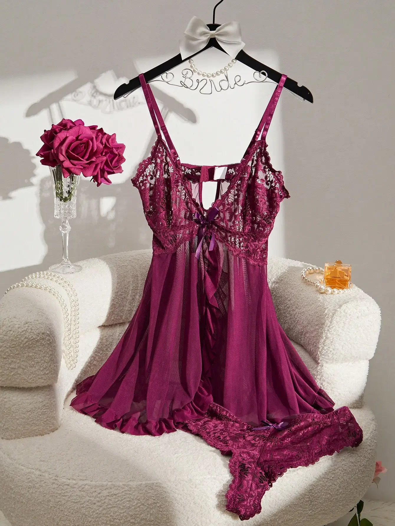 

Contrast Lace Nightgown Deep V Backless Bow Slip Dress Women's Sleepwear Ruffle Trim Babydoll Sexy Lingerie Dress With Thong