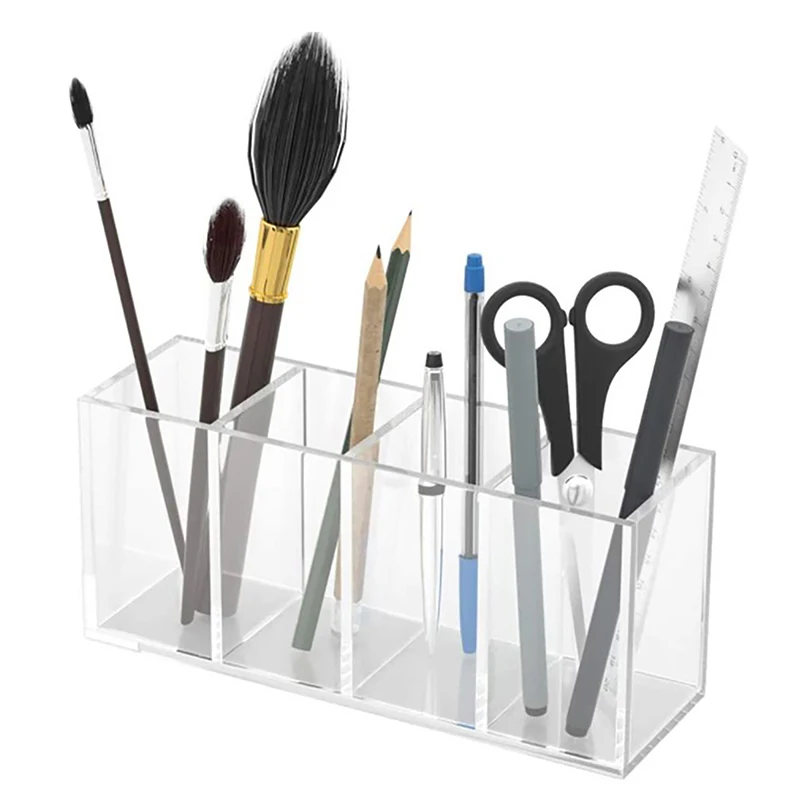 Acrylic 4-Grid Pen Holder Plexiglass Rectangular Makeup Brush Storage Box Office Stationery Storage Rack Cosmetic Storage Box