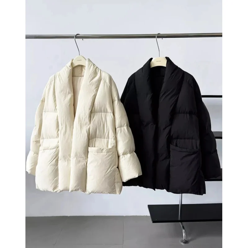 

2025 Winter Belt Waist-Tight Elegant Warm 90% White Duck Down Jacket Female Long Sleeve Solid Color V-neck Puffer Coat