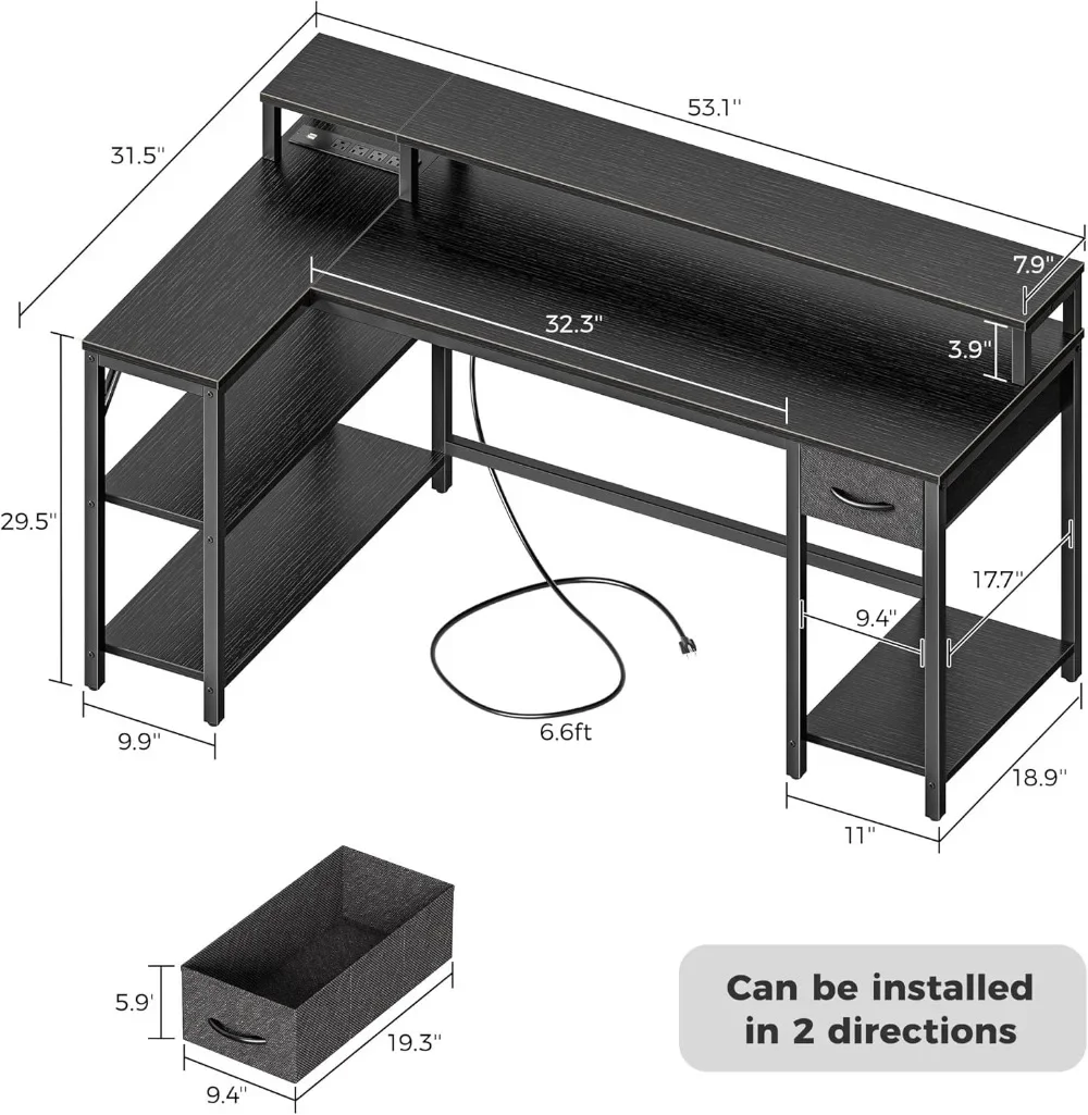 Bureau réversible en forme de L avec lumières LED et prises de courant, bureau d'ordinateur avec étagères et support de moniteur, 53 pouces