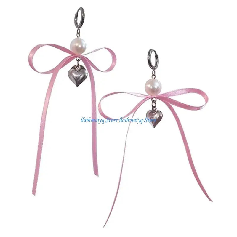 

573B Ribbon Bowknot Pearl Heart Dangle Earrings Sweet Drop Earrings Summer Jewelry