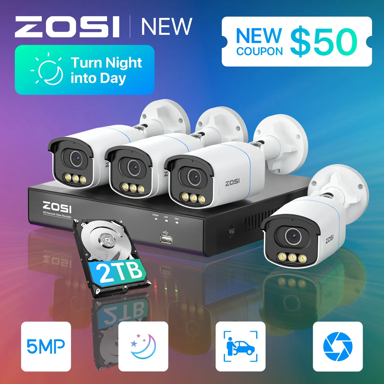 

ZOSI C186A 8CH AuroraLux Security IP Cameras System with True Color Night Vision 8CH 4K CCTV NVR & 5MP HD PoE Surveillance Cams