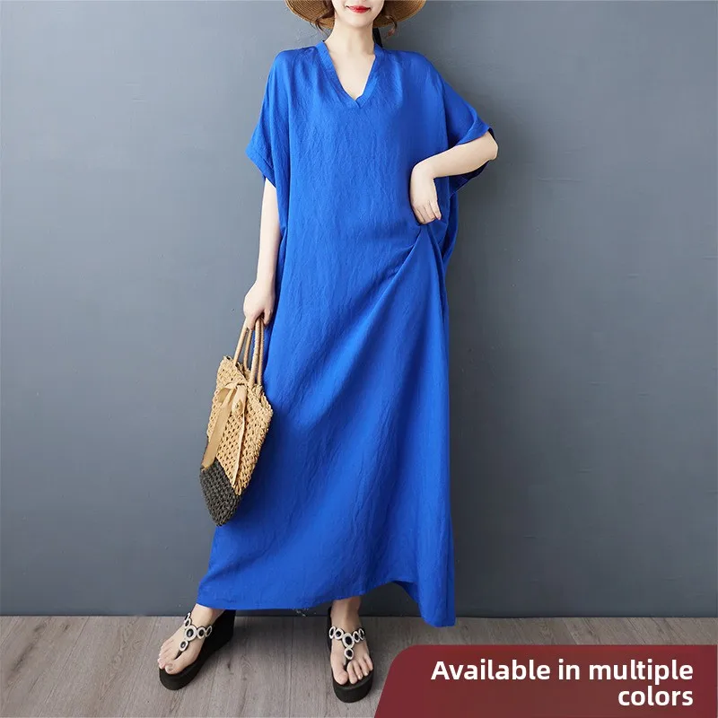 

Summer New Blue V-Ne Long Beach Skirt Vaion Sle Women's Over-Knee Dr Loose Fit Cotton Polyester Blend ort Sve