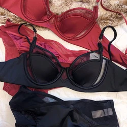 2 Pieces Sexy Underwear Set for Women Lace Push Up Bra French Thin Cup Comfort Brassiere Mesh Breathable Bralette Lingerie Set