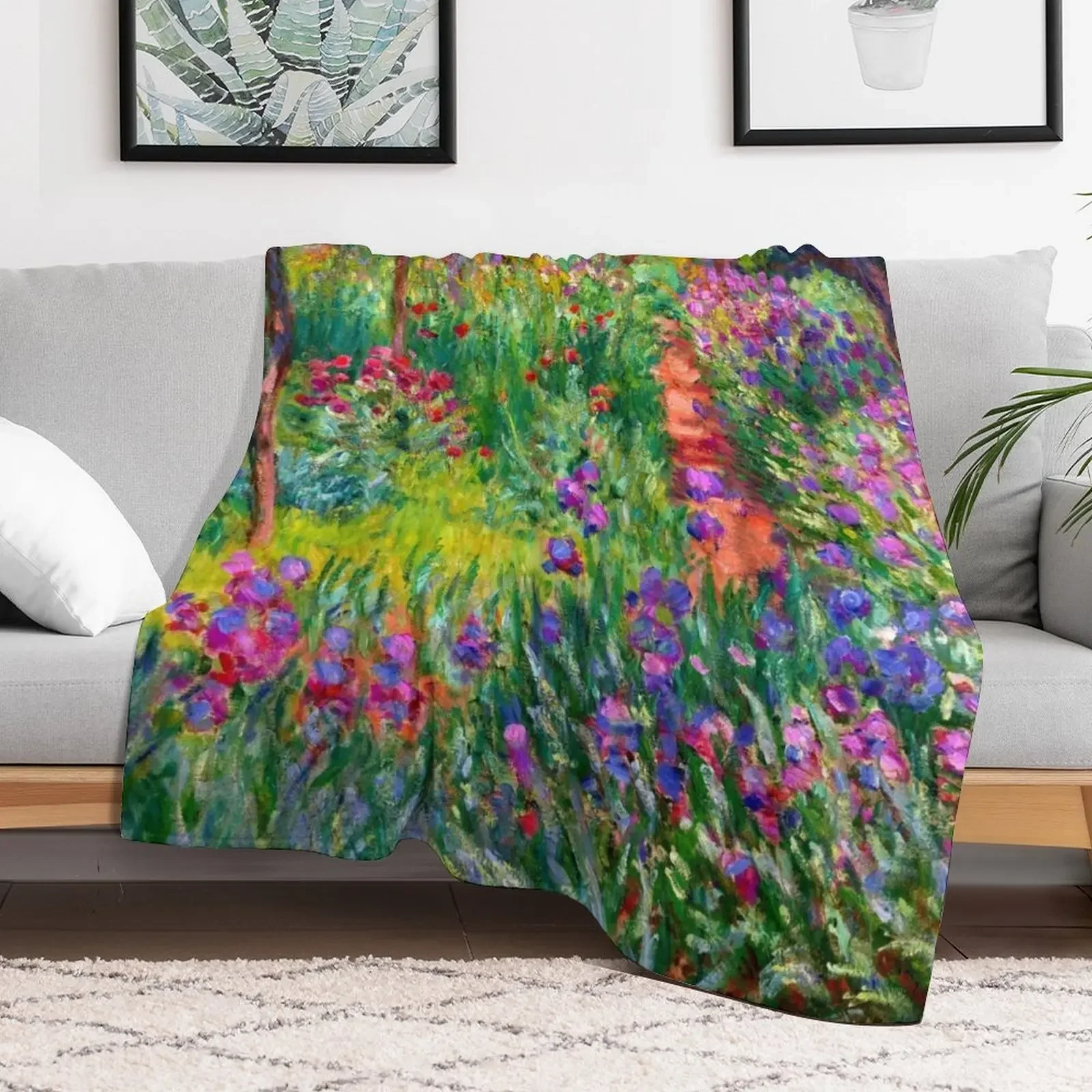 Monet : The Iris Garden At Giverny Throw Blanket Soft Plush Plaid Bed linens Blankets