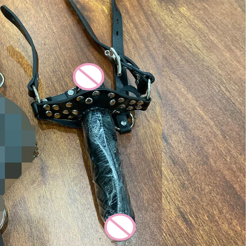 PVC Leather Head Harness Straps Face Mask Silicone Dildo Penis Removable Open Mouth Plug BDSM Restraint Cosplay Adult Sex Toy