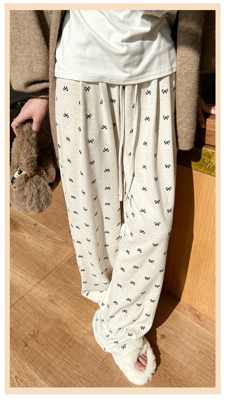Women's Lounge Pants Drawstring Elastic Waist Cute Bow Print Wide Leg Pajama Pants Teen-girl Bottoms Youth Clothes