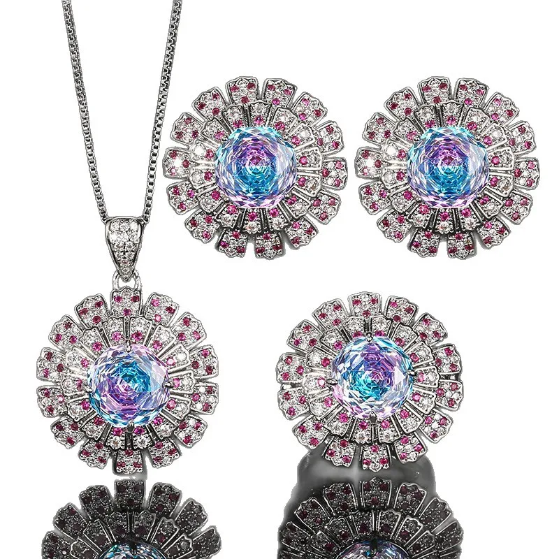 Best-selling jewelry set with copper base, gold-plated, gradient color, high-end feel, full of diamonds, main stone 14-10mm