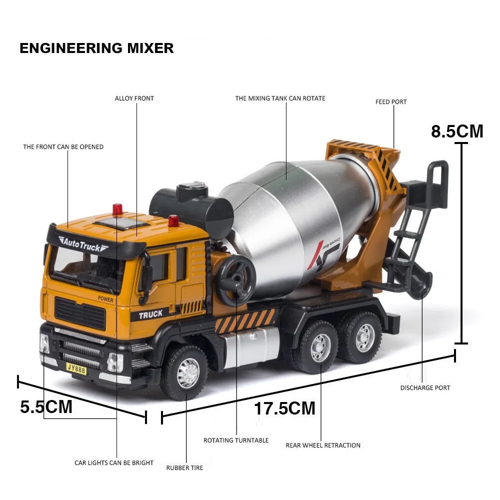 Engineering Vehicle Cement Mixer Transport Truck Simulation Diecast & Toy Vehicles Sounds & Light Pull Back Car 1:50 Alloy Model