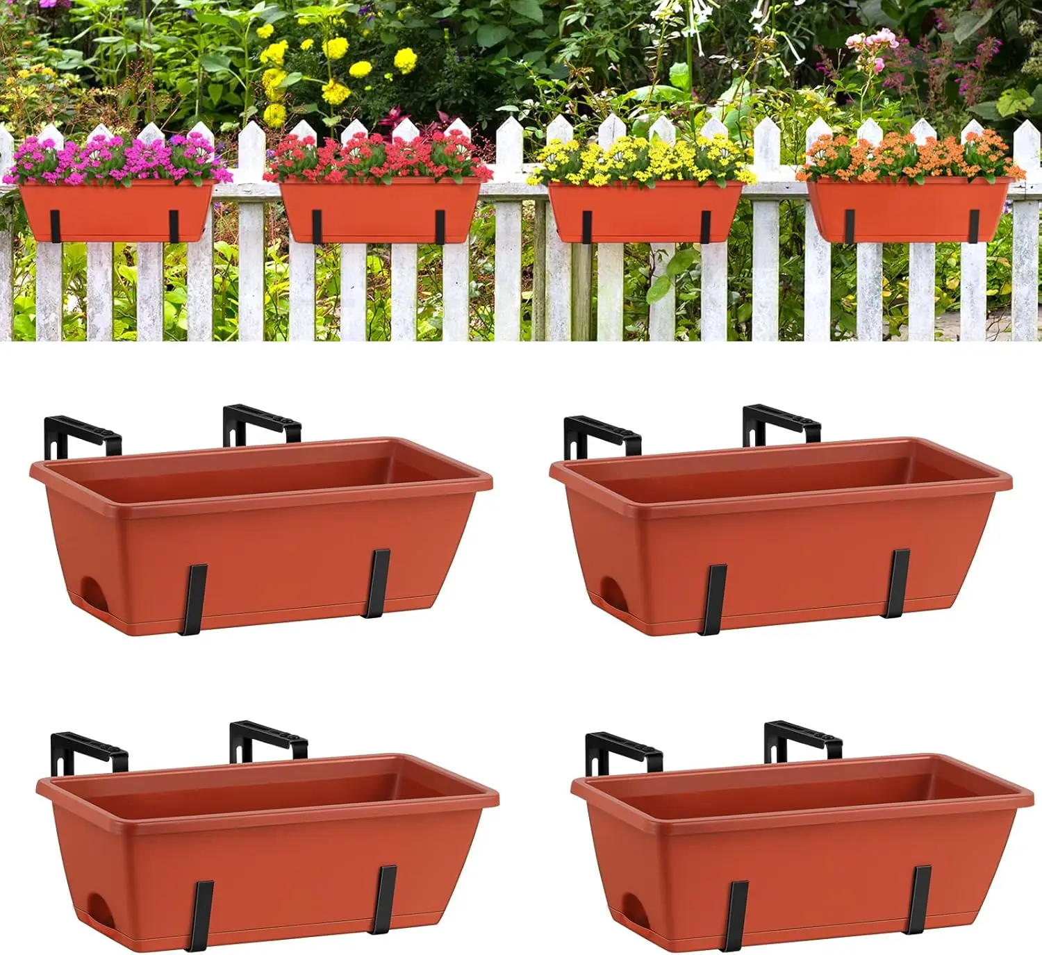 

Window Boxes Planters 17’’ Railing Planter Box with Adjustable Brackets, 4 Pack Hanging Deck Railing Planters Rectangular