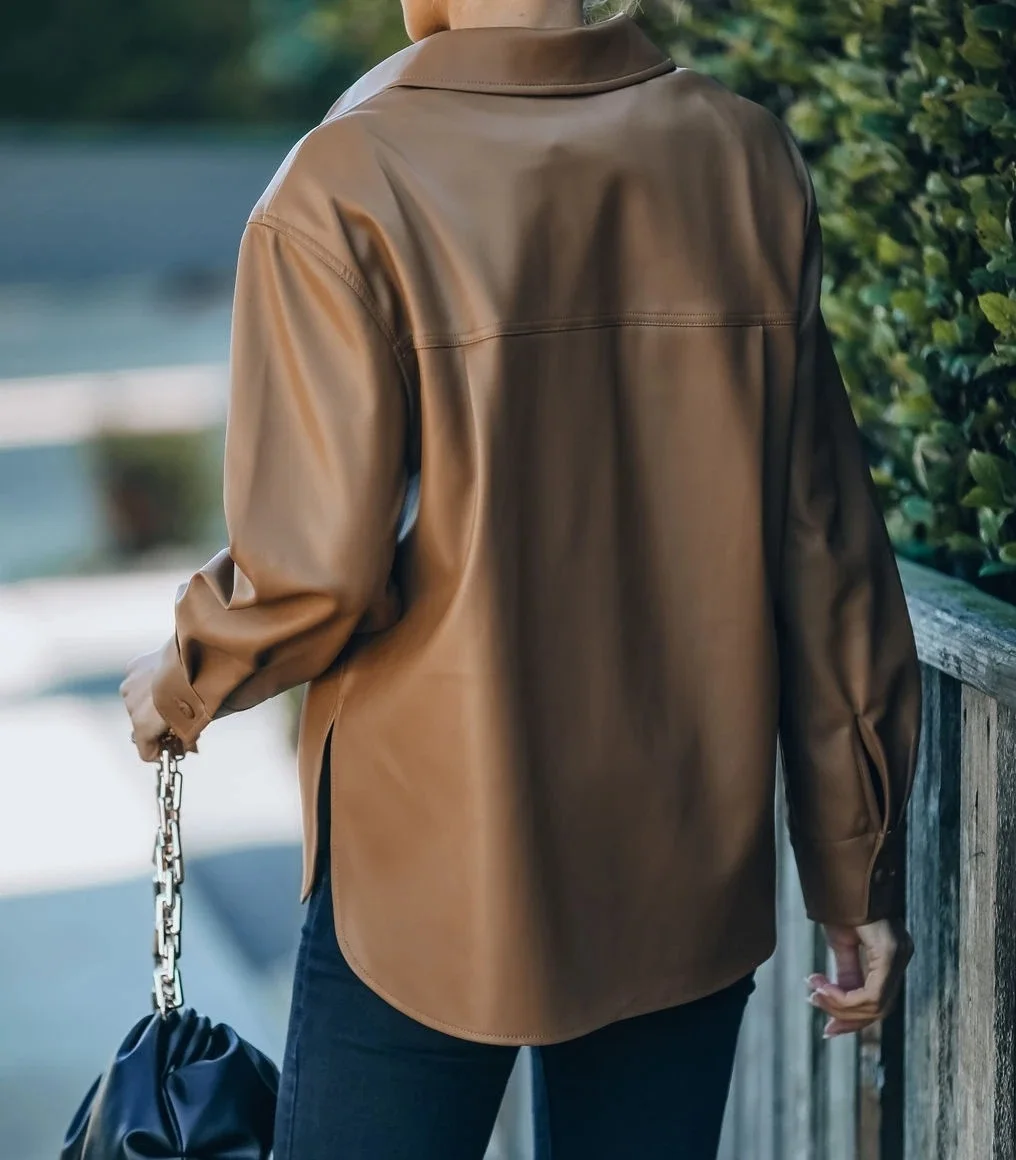 Frauen Pu Lederjacken Herbst Langarm Revers Oberbekleidung lässig Street Over shirts Mode Kunstleder Mantel mit Tasche