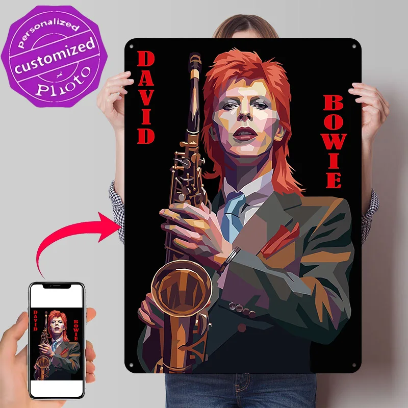 David Bowie With Saxophone Pop Art Poster Retro 3D Printed Metal Signs Customized Wall Hanging Gift for Room Ornaments Tin Sign