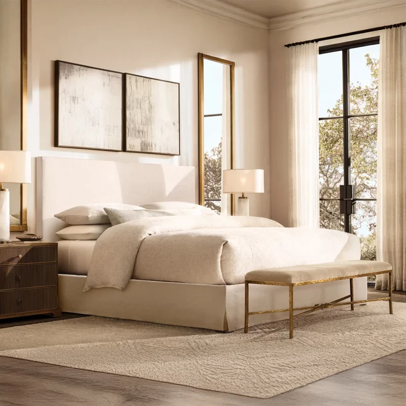 xx-RH Modern American Transitional Slipcovered King Size Platform Bed Frame Plywood Panel Headboard Upholstered Mango Bed